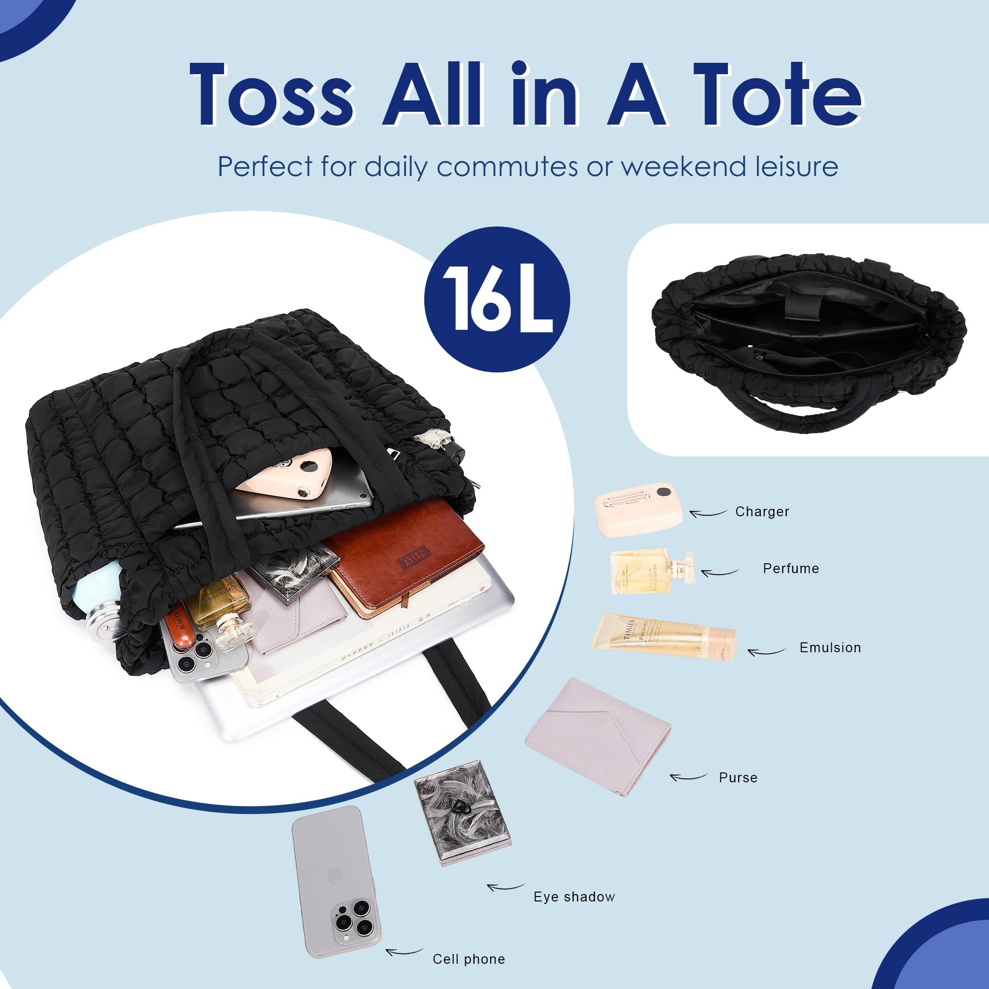 CORALDAISY Tote Bag for Women, Lightweight Puffer Tote Bag with Zipper, Large Work Bag, Quilted Travel Shoulder Bag, Puffy Handbag with Compartments, Black