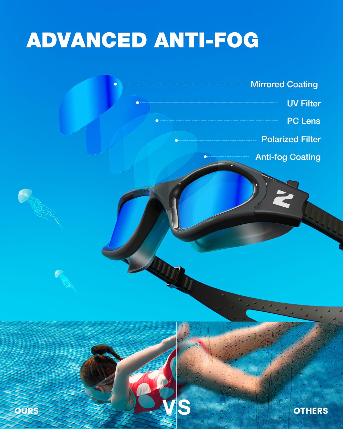ZIONOR Lunettes de Natation, Upgrade G8 Lunettes de Piscine pour Adulte Homme Femme, Anti-buée, Protection UV 100%, Étanches Lunettes de Plongée avec Sangle Réglable Vision Large