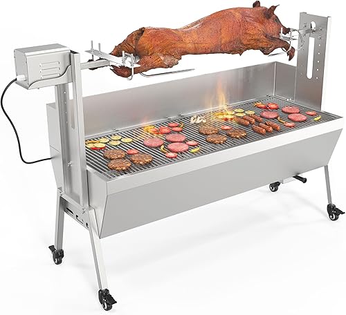 ROVSUN Kit de parrilla para asador de 46 pulgadas, capacidad de 176 libras, parrilla eléctrica para cerdo, soporte para asador de cordero con ruedas