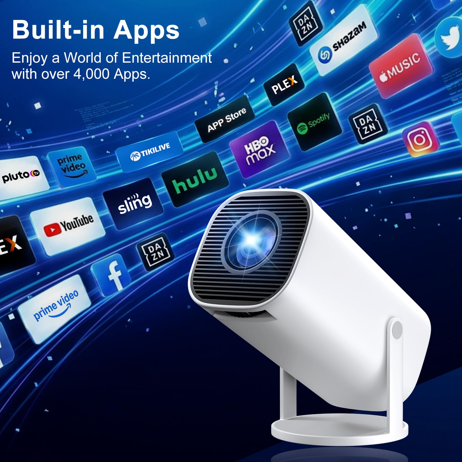Mini Beamer 4K Unterstützt, Tragbarer Projektor mit WiFi 6 BT 5.4, Auto Keystone, 180° Dreh, weiß