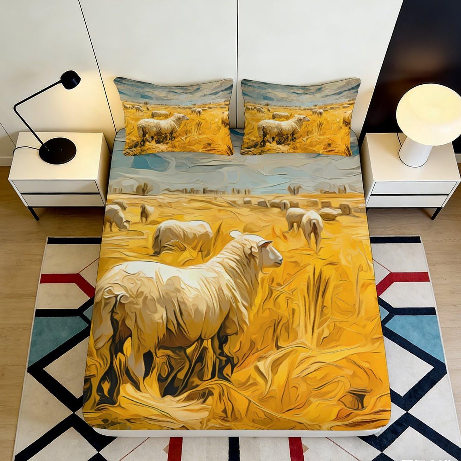 3D Printed Sheep Field Fitted Sheet Microfiber Soft Breathable Golden Pasture Bed Cover for Bedroom Dormitory Guest Room Mattress Protection 200x200x25cm