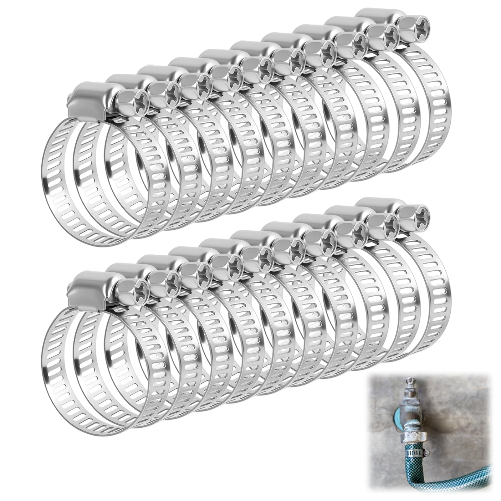 20PCS Hose Clips Stainless Steel, 16-25mm Adjustable Clips Worm Drive Hose Pipe Clamps, Small Metal Clips for Garden Hoses Radiator Fuel Exhaust Washing Machine Plumbing and DIY Connections