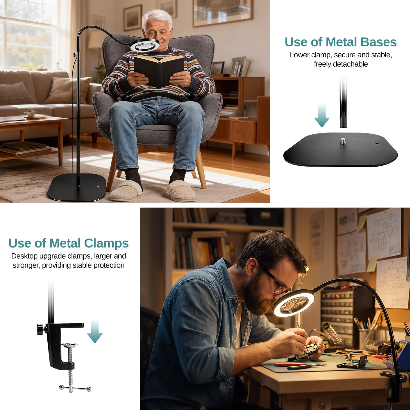 Lupa 3 en 1 con luz y soporte, 10 x 360 ° lámpara de pie LED con brazo giratorio flexible, 3 modos de color, lupa de lectura continua para personas mayores, para leer, manualidades, aficiones