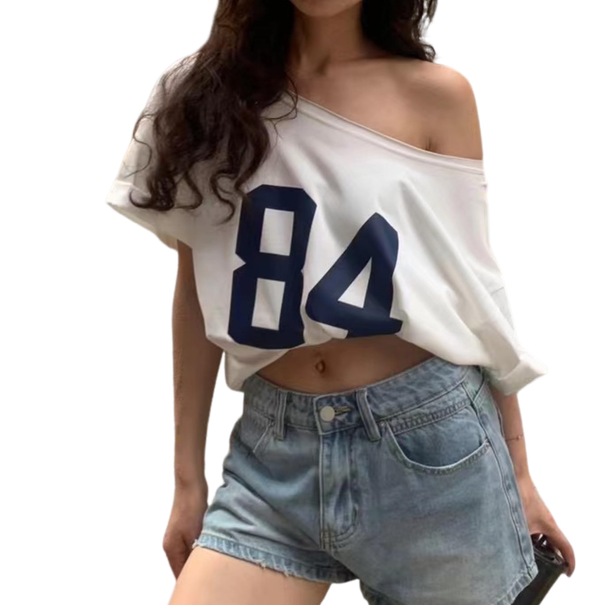 One Shoulder Oversized Tshirts Short Sleeve Y2k Baby Tees Summer Crop Top Jersey Off Shouder Graphic Tee Women