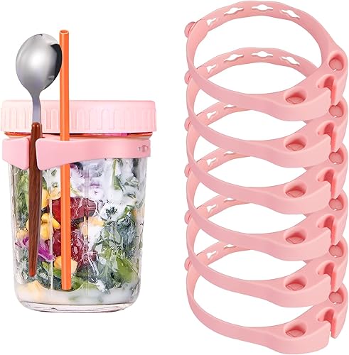6 soportes de cuchara de silicona para tarros de masón, recipiente de avena durante la noche, se adapta a tarros Mason Rosados (tarros no incluidos)