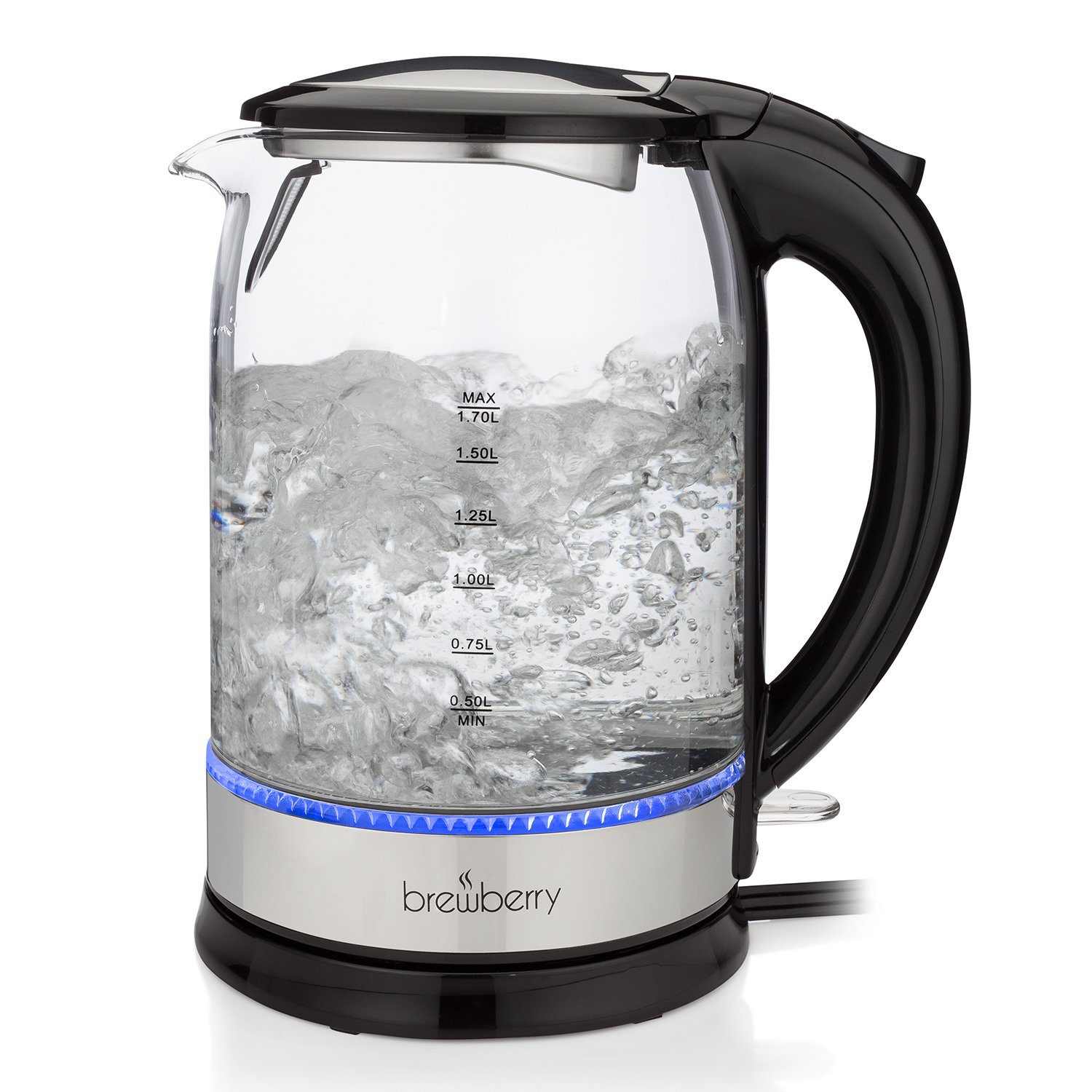 Brewberry Cordless Electric Glass Kettle 1.7l, Auto Shut-Off Feature w/Boil-Dry Protection, 1500W, For Office and Home Use