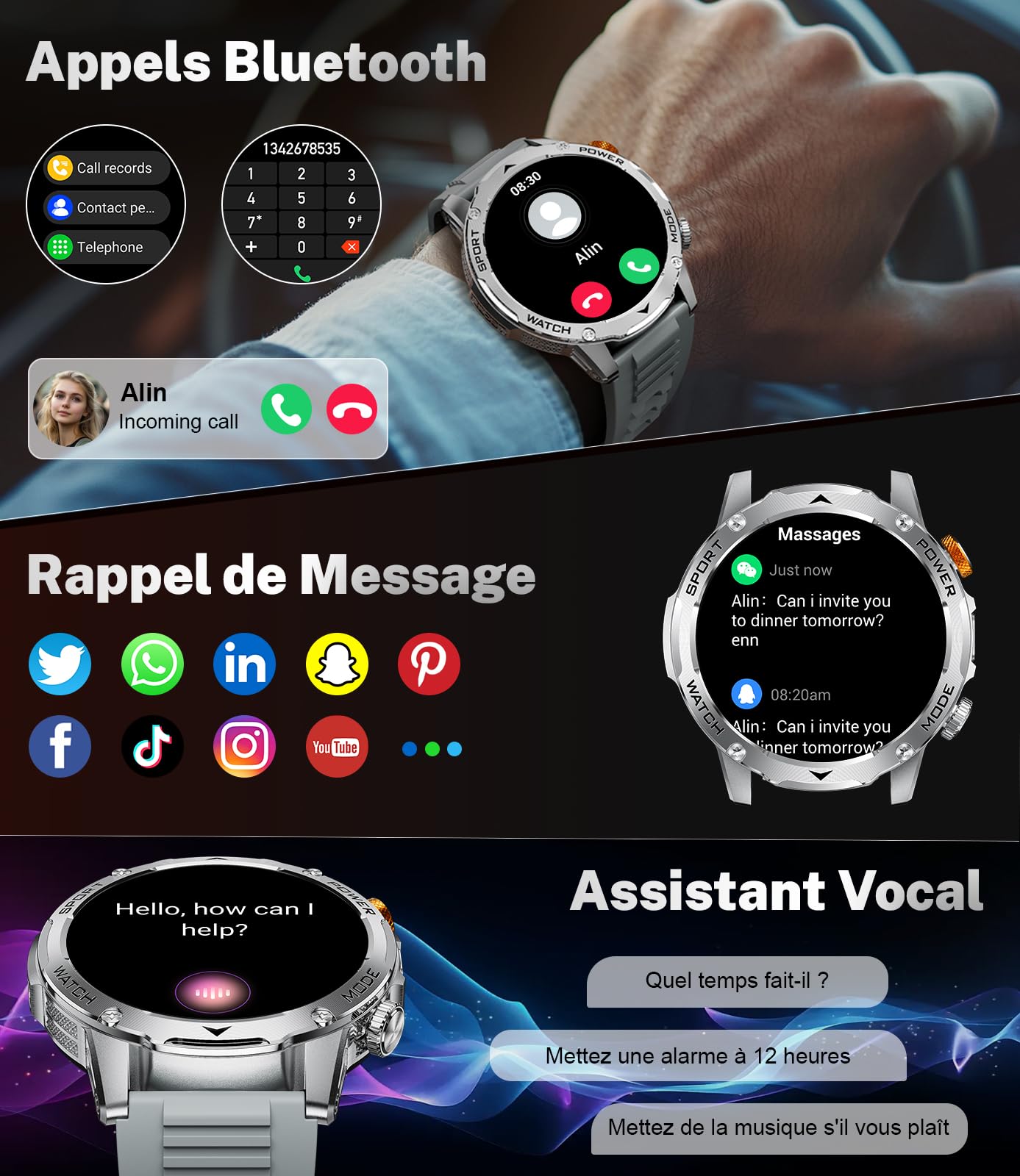 Montre Connectée Homme Appel Bluetooth/Batterie 1000 mAh/1.75'' Grand Écran,130+ Modes Sportifs,IP68 Étanche Smartwatch avec Moniteur de Fréquence Cardiaque/Sommeil, pour Android iOS,3 Bracelets