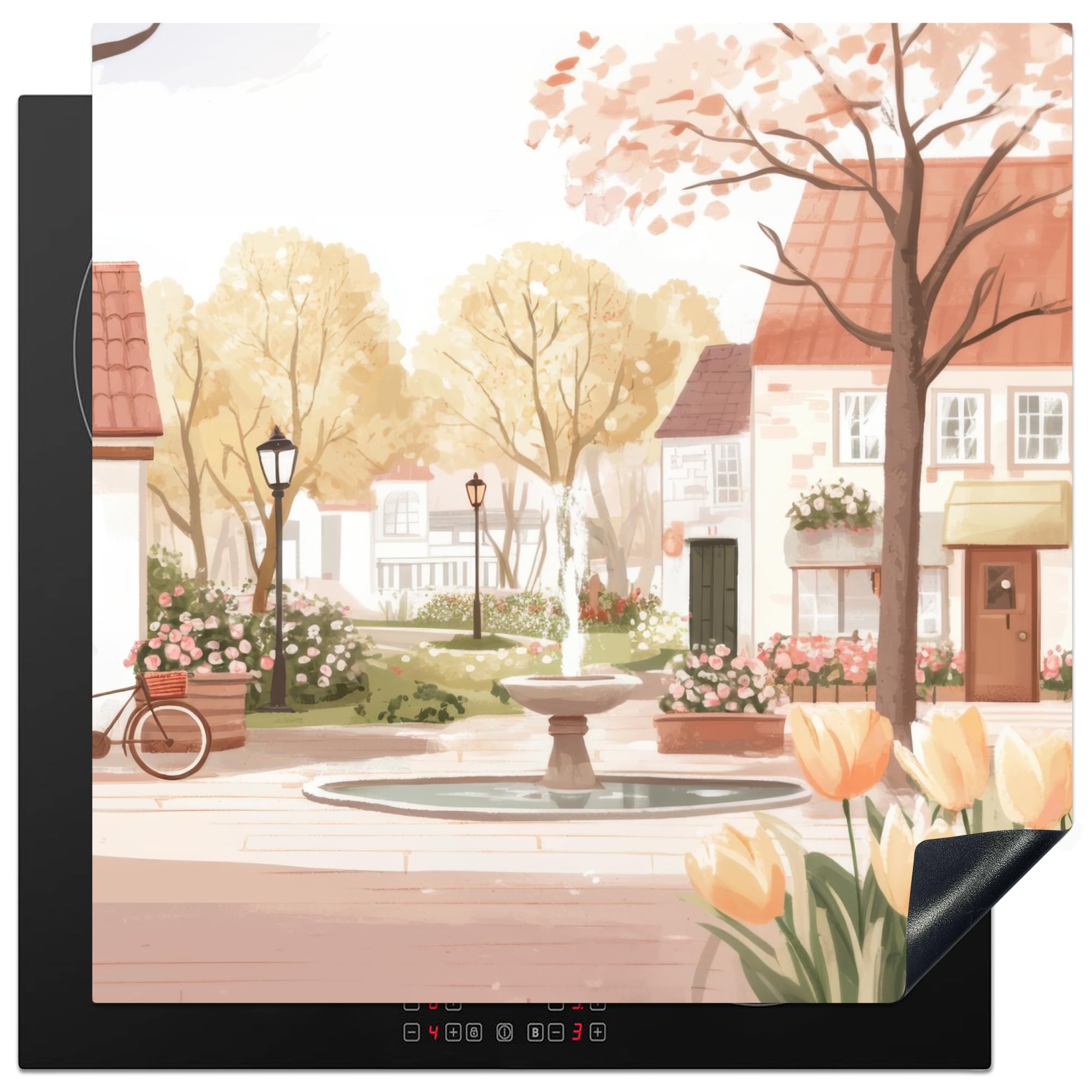 KitchenYeah© Induction Hob Protector Mat 30.7"x30.7" / 78x78 cm Cooker Top Protectors Cover Ceramic Covers Electric Hobs Vinyl Village Square - Fountain - Tulips — image 1
