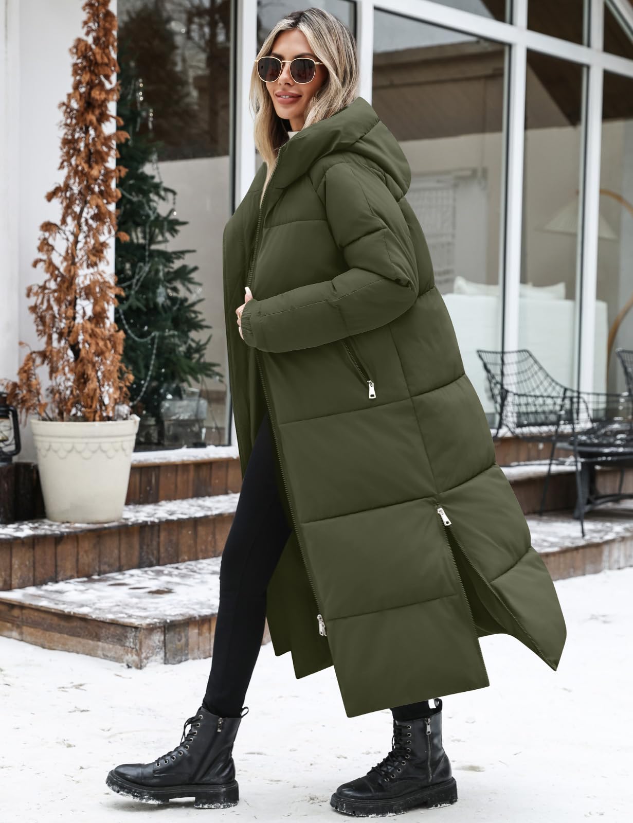 Vancavoo Abrigo Acolchado Mujer Invierno Chaqueta con Capucha | Parka Cálida con Cremallera de Doble Cursor, Aberturas Laterales con Zip y Bolsillos Laterales