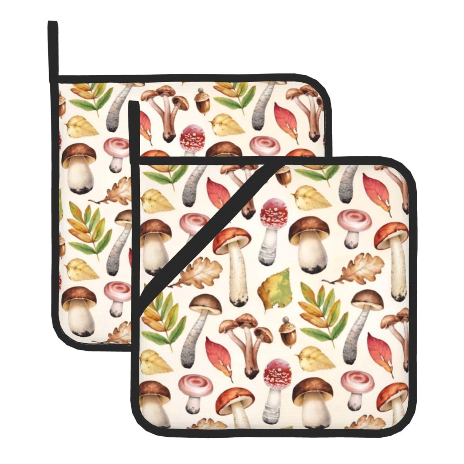 YYHWHJDE Colored Mushrooms Prints Square Hot Pads for Kitchen Counter - Waterproof Pot Holders with Hanging Loop, Durable Trivets for Microwave Oven - 2 Pack