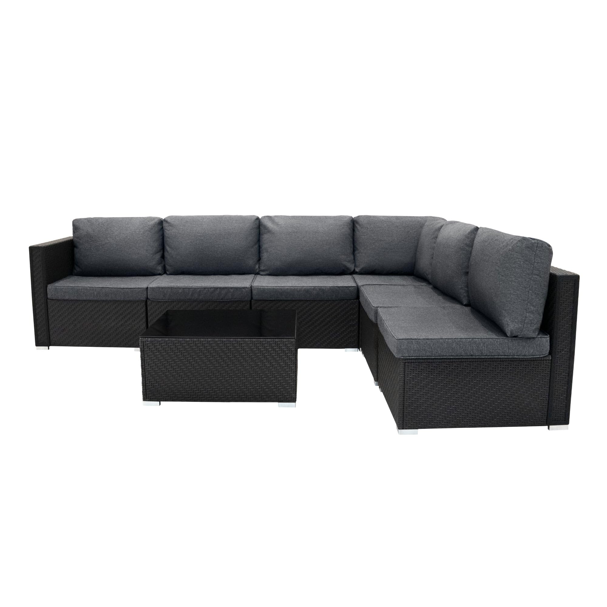 Monster Shop Set Mobili da Giardino 7 Pezzi in Rattan Nero – Divano Modulare 5 Posti con Cuscini Lavabili, Tavolino in Vetro, Copertura Impermeabile, per Esterno, Terrazzo e Veranda
