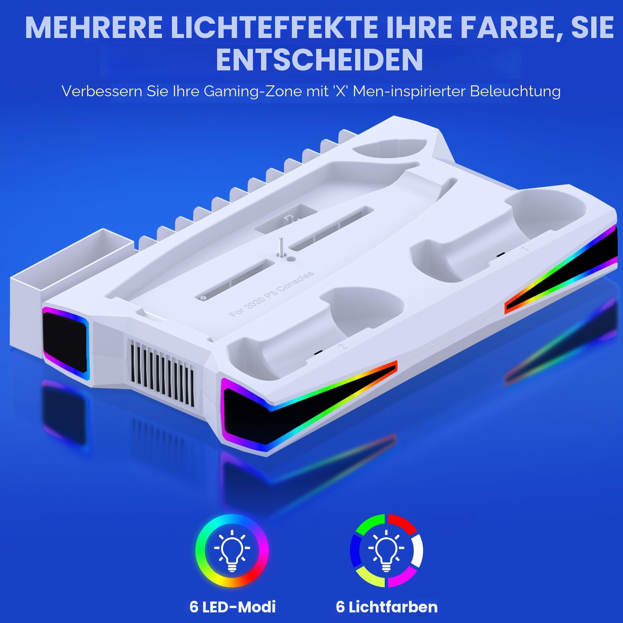 PS5/Slim/Pro Ständer und Kühlstation mit Dual-Controller-Ladestation für PlayStation 5 Konsole, PS5-Zubehör inkl. Controller-Ladegerät, Lüfter, Headset-Halterung, Weiß
