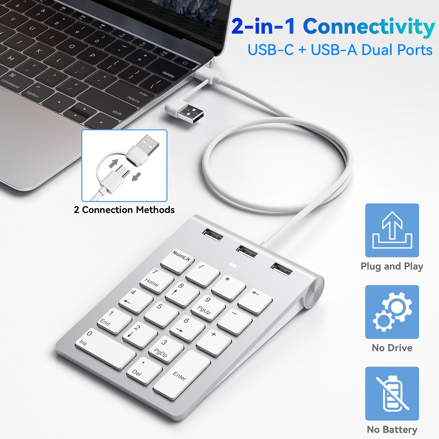 Teclado Numérico Cableado USB-C&USB-A Teclado Numérico 18 Teclas con 3 Puertos USB 2.0, Teclado Numerico para Laptop/Escritorio/Surface/iPad, TecladoNumérico USB para Windows/macOS/Chrome OS