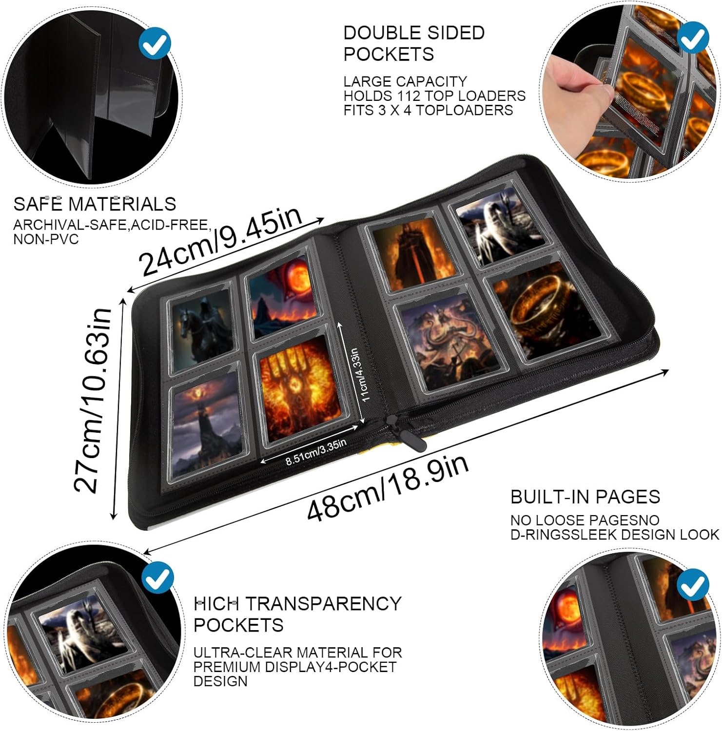 Toploader Card Binder,4 Pocket(3x 4") Holds 112+ Toploaders，Double-Sided Pockets for MTG Card Binder, Sports Cards (Red)