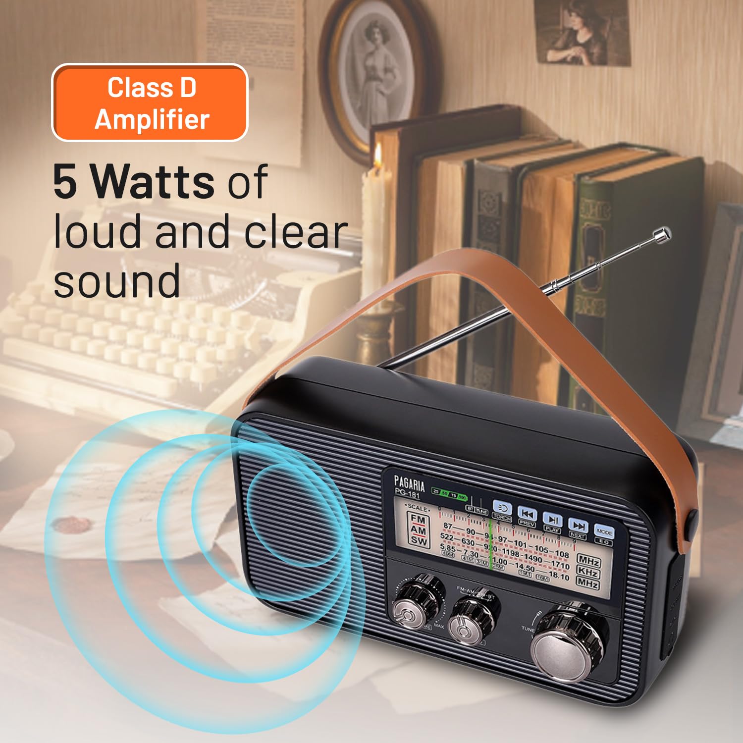 PAGARIA 3 Band FM/AM/SW DSP Portable Radio with 5 Watts, Torch, Bluetooth, USB/TF, Earphone, Aux, Model: PG-181 — Amazon image 5