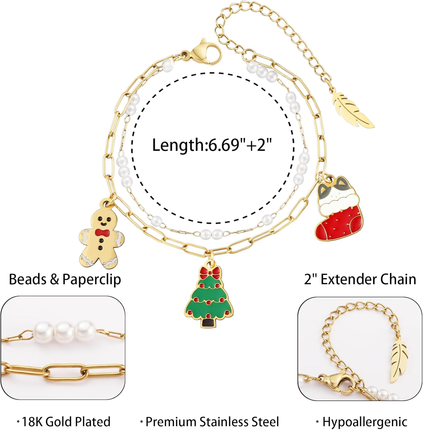 LETFLY Christmas Bracelets for Women, 18K Gold Plated Santa Claus Snowman Christmas Tree Bell Stocking Charms, Stackable Beaded Bracelet Jewelry Gifts for Women - Image 5