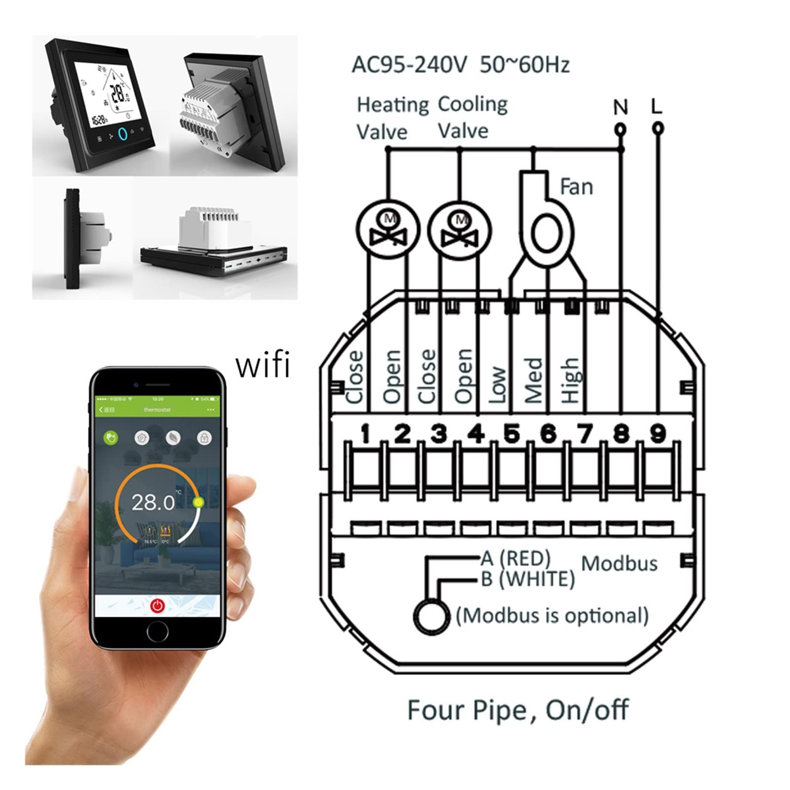 Cyfrowy higrometr termometr wewnętrzny Smart TERMOSTAT 2P / 4P Centralne Klimatyzacja chłodząca/Ogrzewanie System regulator temperatury do cewki wentylatora Z wyświetlaczem LCD(Wit,2P AND NO WIFI)
