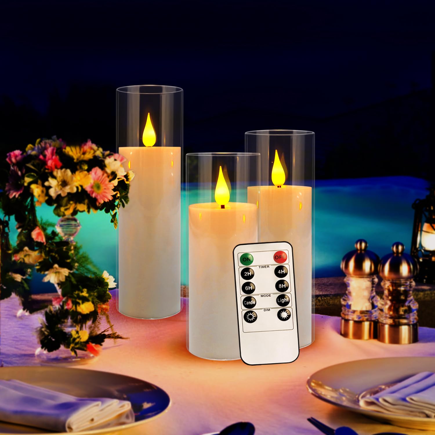 24 velas LED acrílicas sin llama con 4 mandos a distancia, blanco, parpadeante, transparente, adecuadas para bodas, fiestas, decoración del hogar y al aire libre.