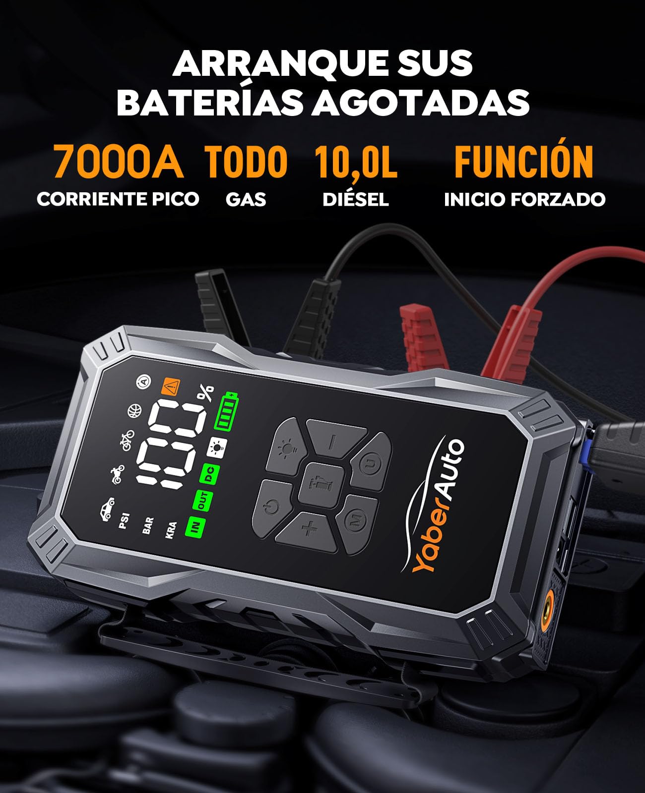 Arrancador de Baterias de Coche con Compresor de Aire, 7000A YaberAuto Arrancador de Coche Portatil (Todo Gas/10,0L Diesel) con 150PSI Inflador, Pantalla Grande y Linterna LED