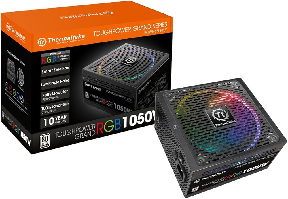 Thermaltake Toughpower Grand RGB 1050W 80+ Platinum Smart Zero RGB Fan, SLI/CrossFire Ready Continuous Power, Full Modular ATX 12V 2.4/EPS 12V 2.92 Power Supply - View 1