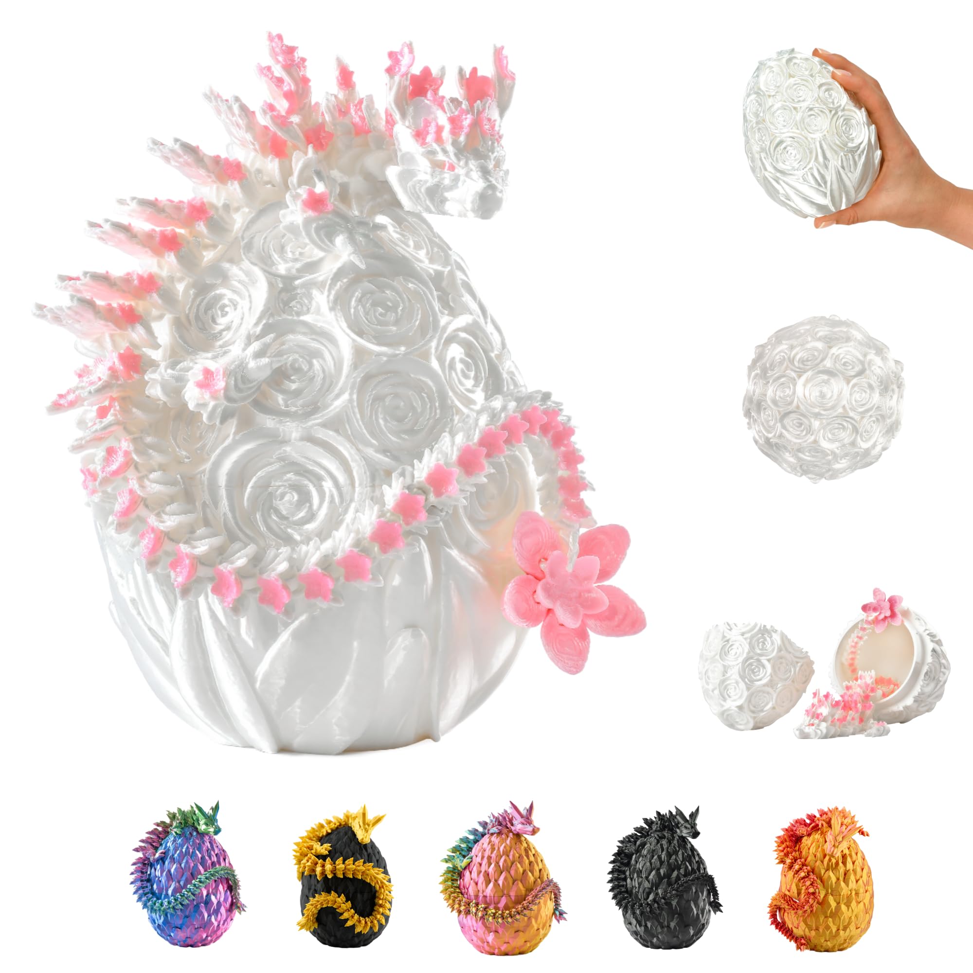 3D Dragon in the Egg - Dragon Egg with Dragon 36 cm Figure | 12 cm Large Egg | Hatching Surprise Dragon in White/Pink with Floral Pattern | Movable Fantasy Toy & Collectible Figure for Children