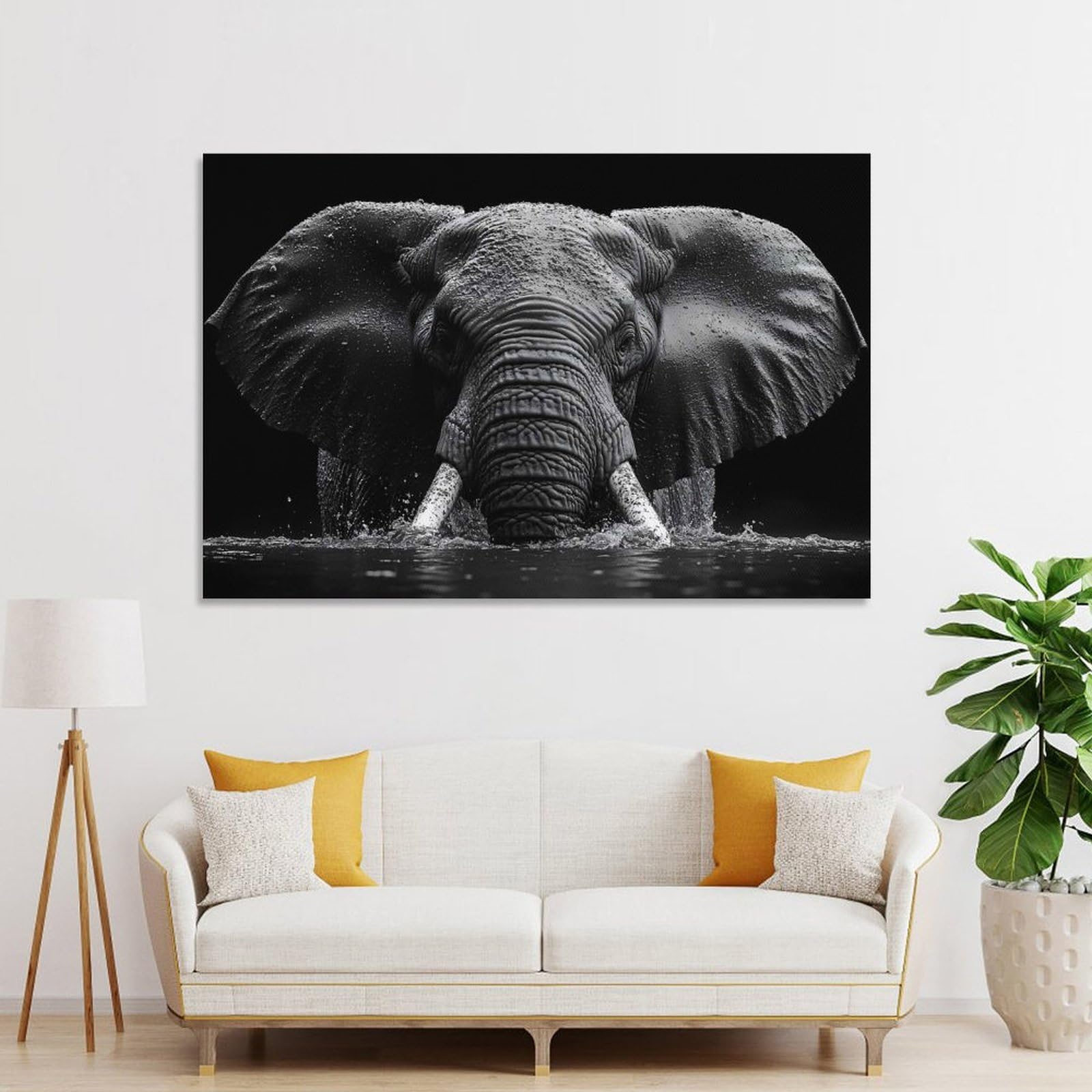 Junmoney Decorative Canvas Print Elephant in Water, Black And White, 20x30inch(50x75cm), for Home Office, Desk Area Or Studio, Home Office Artwork with Decorative Appeal