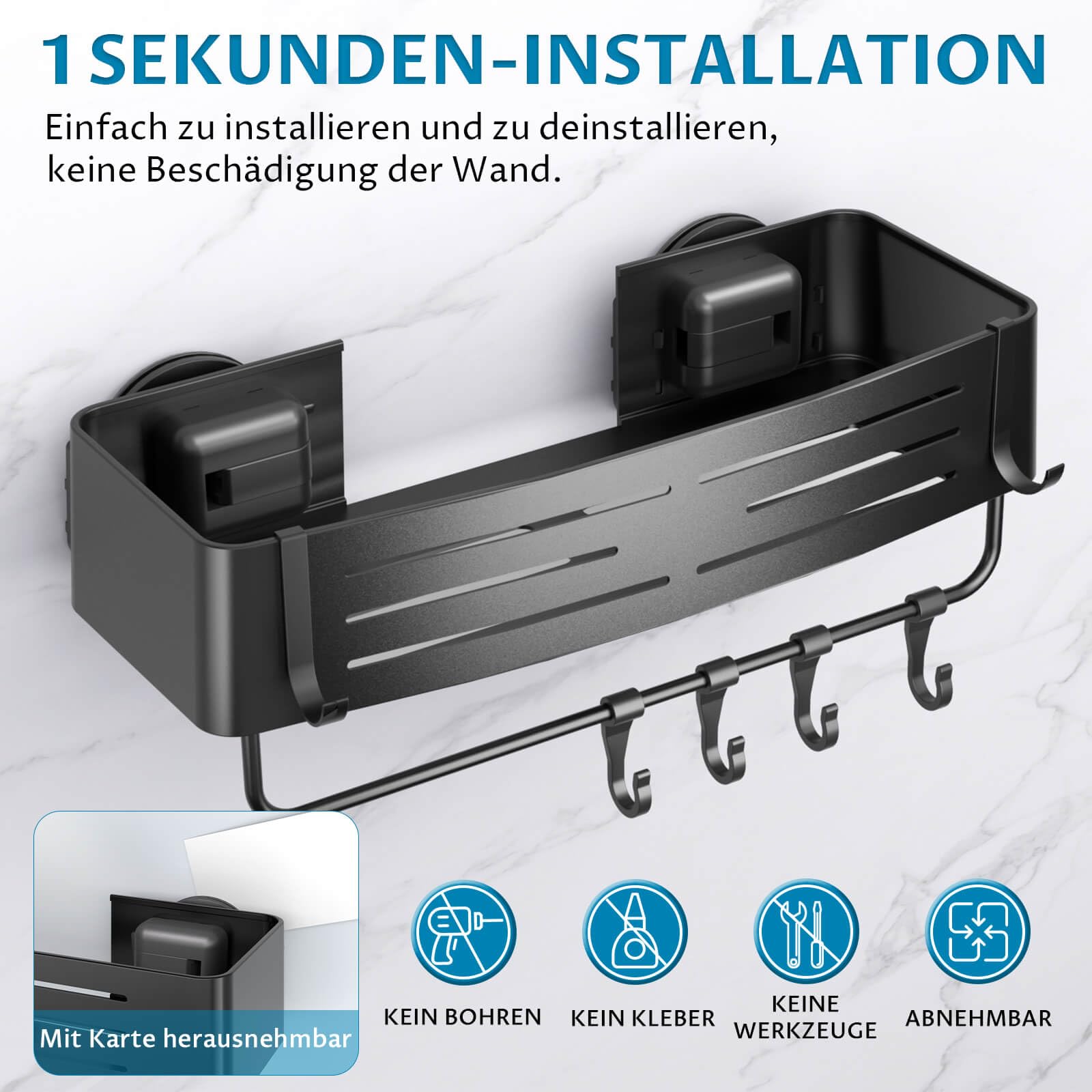 2 Stück Duschregal Ohne Bohren mit Saugnapf, Wasserdicht Badregal Abnehmbarer Bad-Organizer mit Handtuchhalter für Shampoo und Duschgel, Eck-Duschablage mit Haken, Mattschwarz