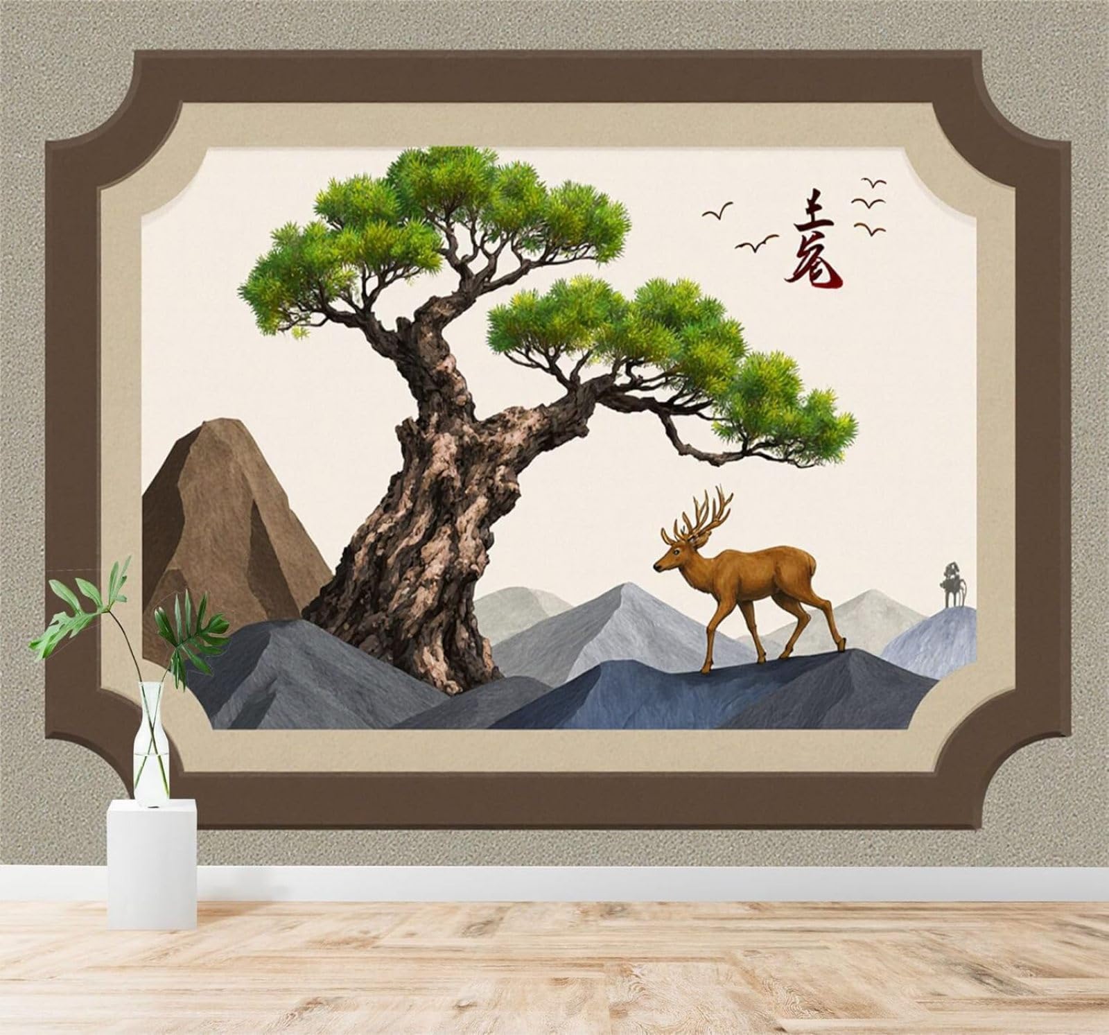 XLMING Minimalist Pine Trees Deer Hills Birds 3D Wallpaper Silky Texture Home Study Office Grey Dining Room Sofa Bedroom Living Room TV Backdrop-430cm×300cm