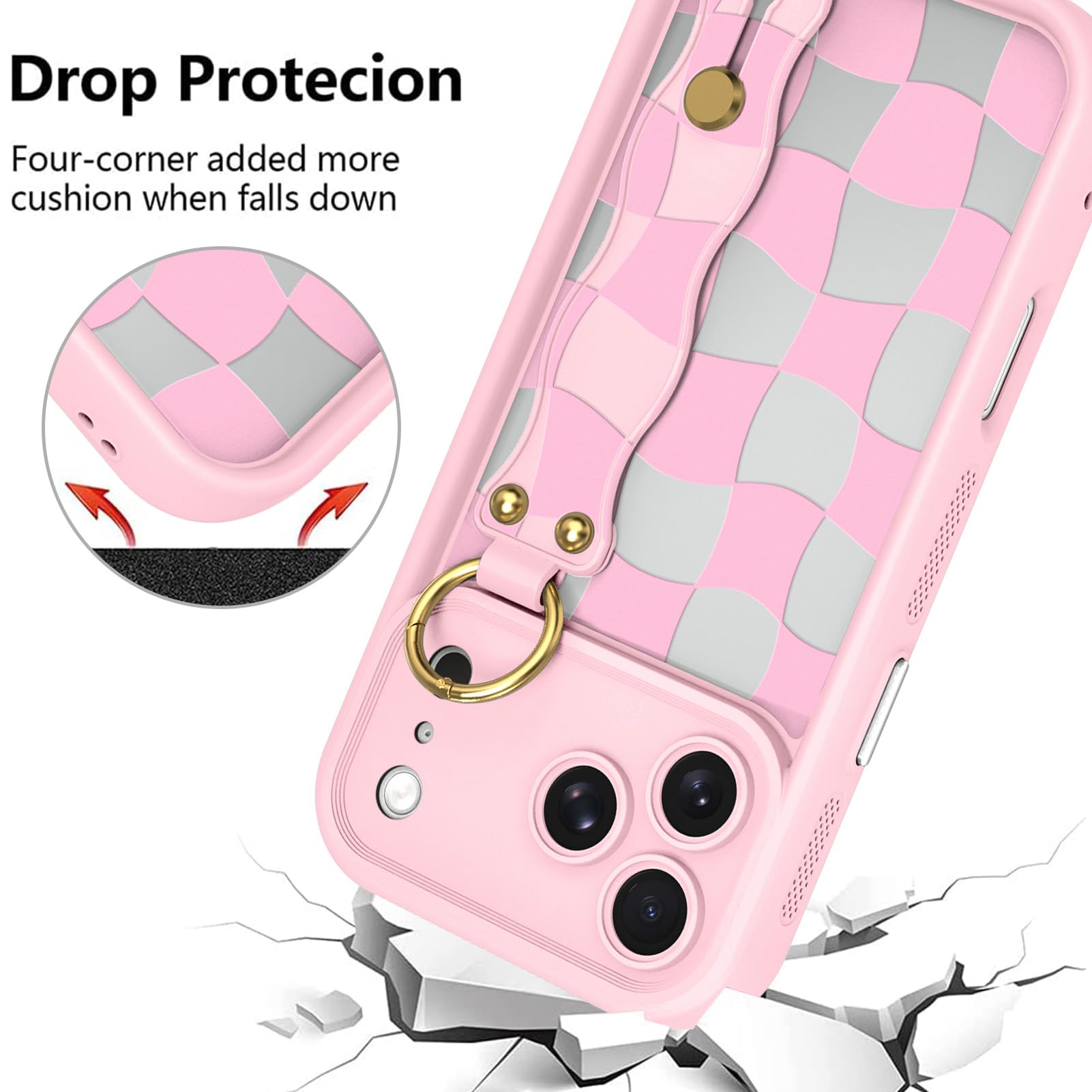 Fiyart Funda a cuadros para iPhone 17 Pro Max con correa de muñeca, soporte