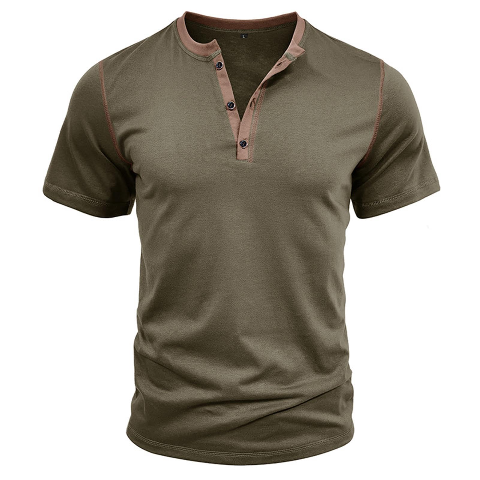 hixswnu 2024 Sommer Männer Kurzarm Henley Shirt Casual Rundhals Farbblock T-Shirt Tops mit Knopf