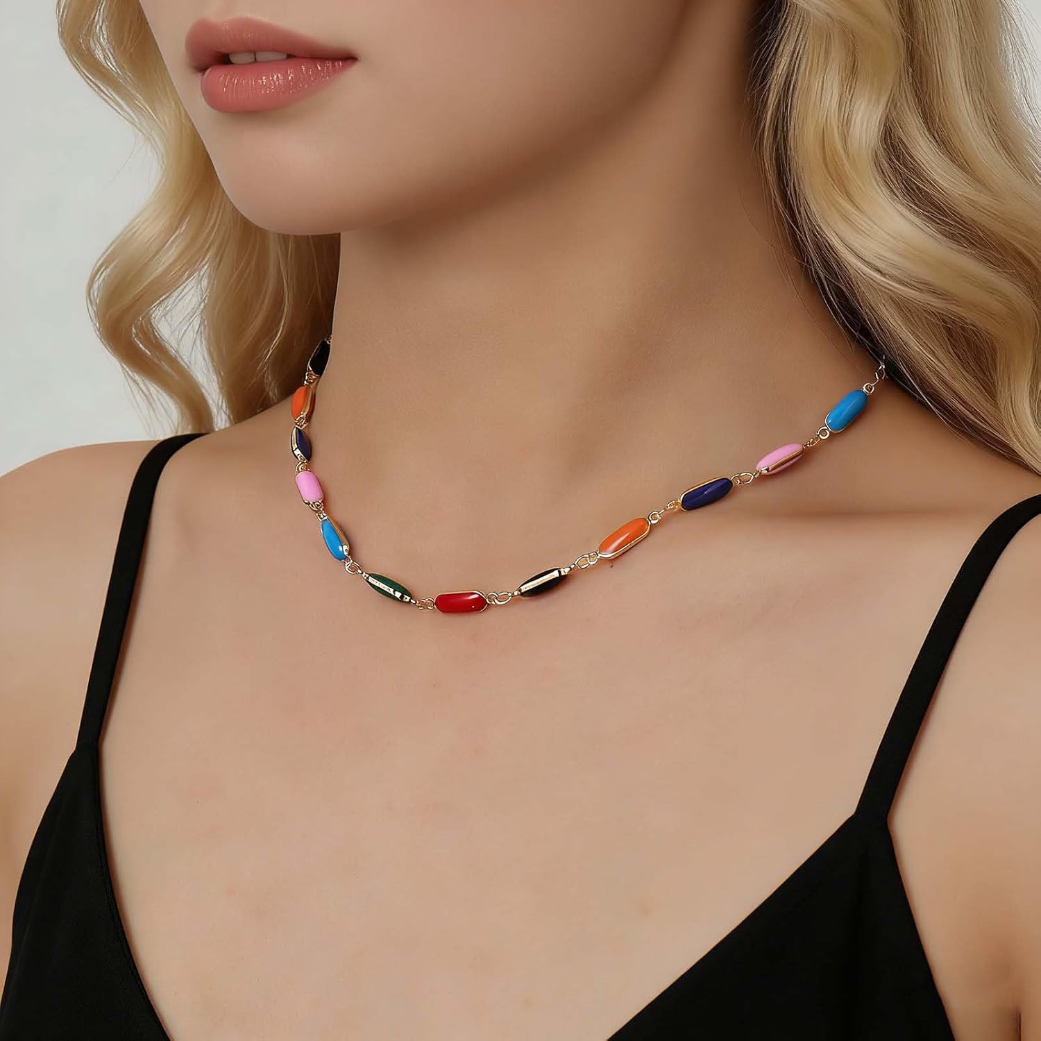Andelaisi Vintage Colorful Gemstone Choker Necklace Rainbow Gemstone Necklace Choker Multiple Color Gem Bead Necklace Rainbow Choker Necklace Jewelry for Women - Image 2