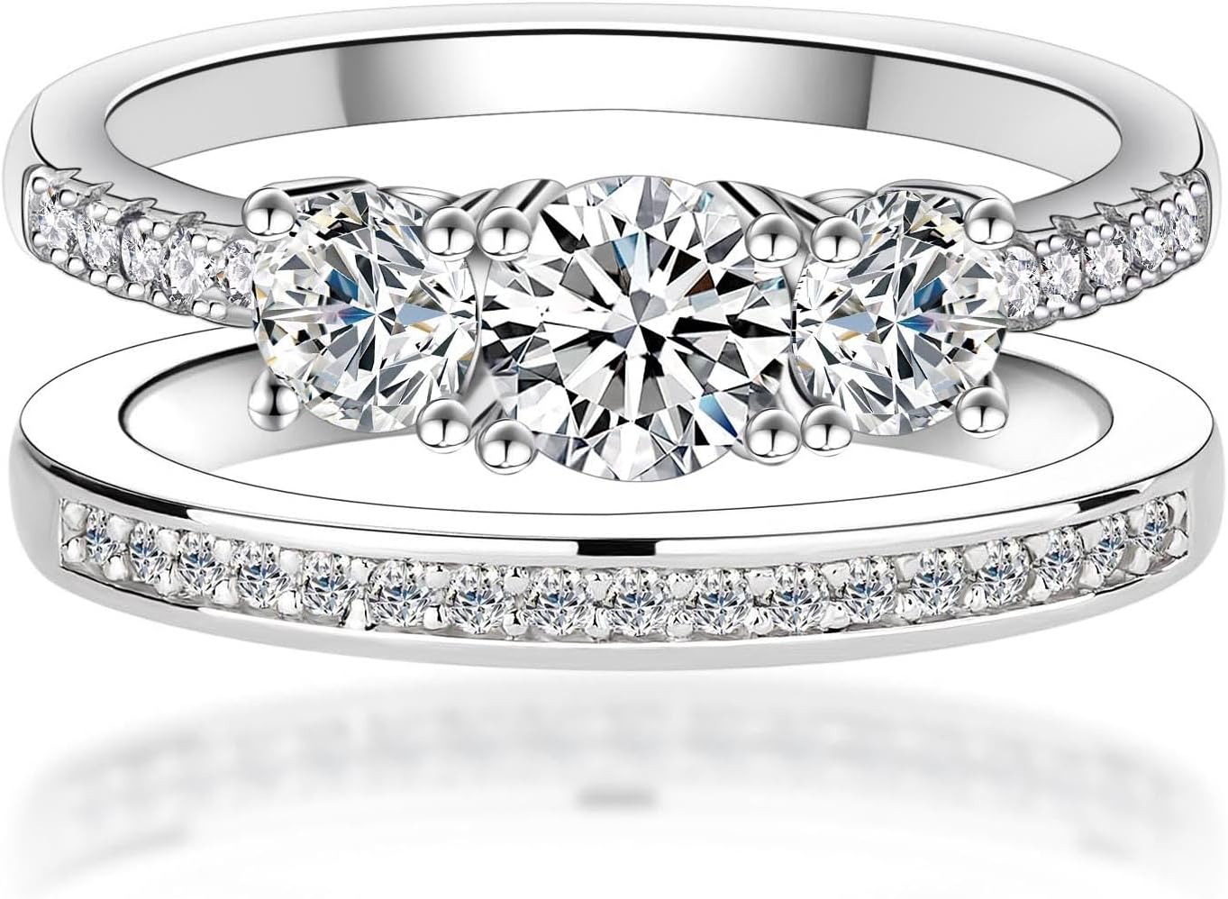 YSDD 3 Stone 1.1 Carat Moissanite Engagement Ring Set with Wedding Band, 925 Sterling Silver Set Stacking Rings for Women