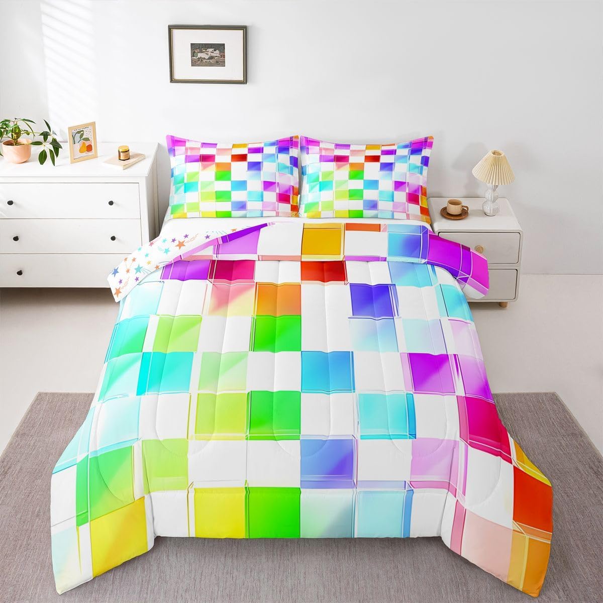 jejeloiu Pixelated Black Colorful Bedding Set Full Size Kids,Geometric Check Video Games Comforter Set for Boys Girls Teens,Gamepad Grid Duvet Quilt Breathable Soft Lightweight Microfiber Room Decor image 2
