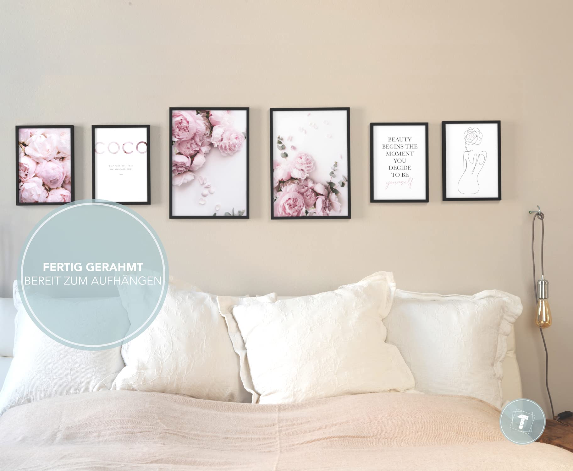 Papierschmiede® Mood Poster Set Coco Peony, Fertiges Bilder Set mit Rahmen (Holz, schwarz), Wohnzimmer Deko Schlafzimmer, 2x DIN A4 und 4x DIN A5, rosa Pfingstrosen Eukalyptus Floral