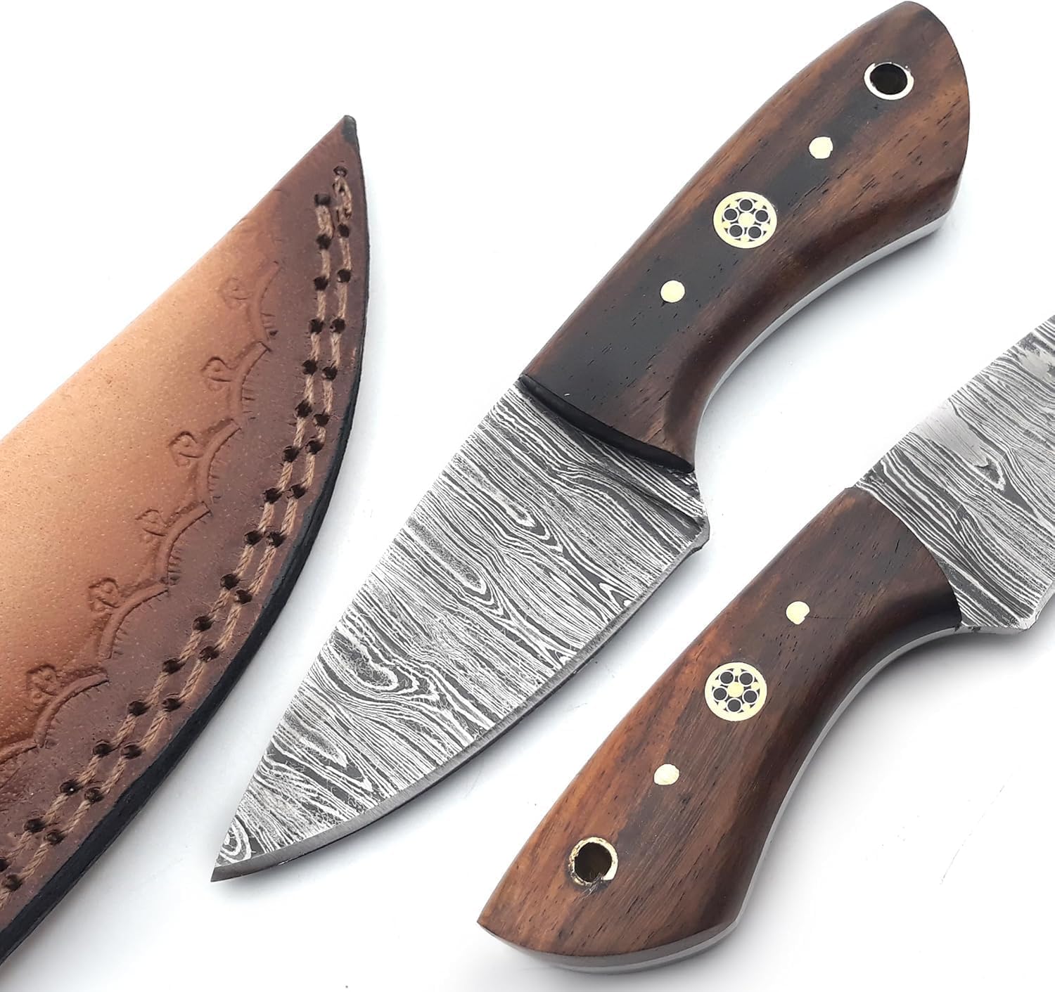 Handmade Damascus Steel Fixed Blade Hunting Knife With Sheath - Pakka Wood Handle Small Knife EDC Outdoor Box cutter Camping Skinner Knife (5