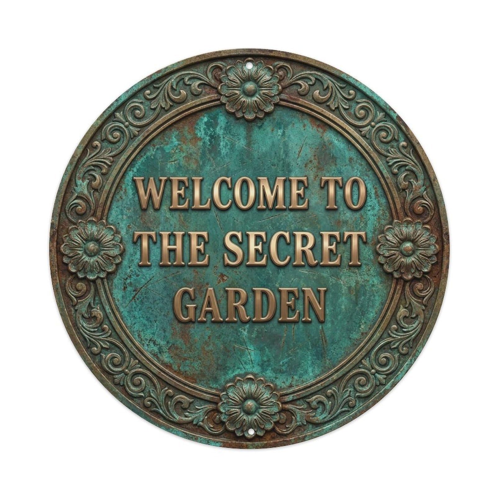 Vintage Welcome Secret Garden Bronze Teal Rosette Metal Tin Sign