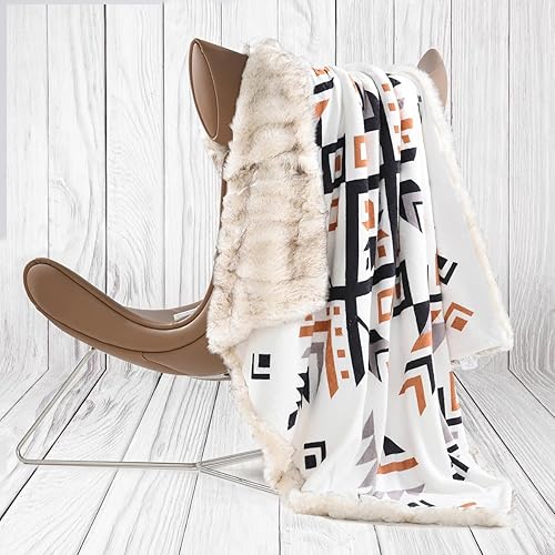 Miniatura 7 de Manta de felpa de piel sintética de lujo con patrón azteca, súper cálida, esponjosa, elegante, mullida manta decorativa para sofá, sillón, sofá y