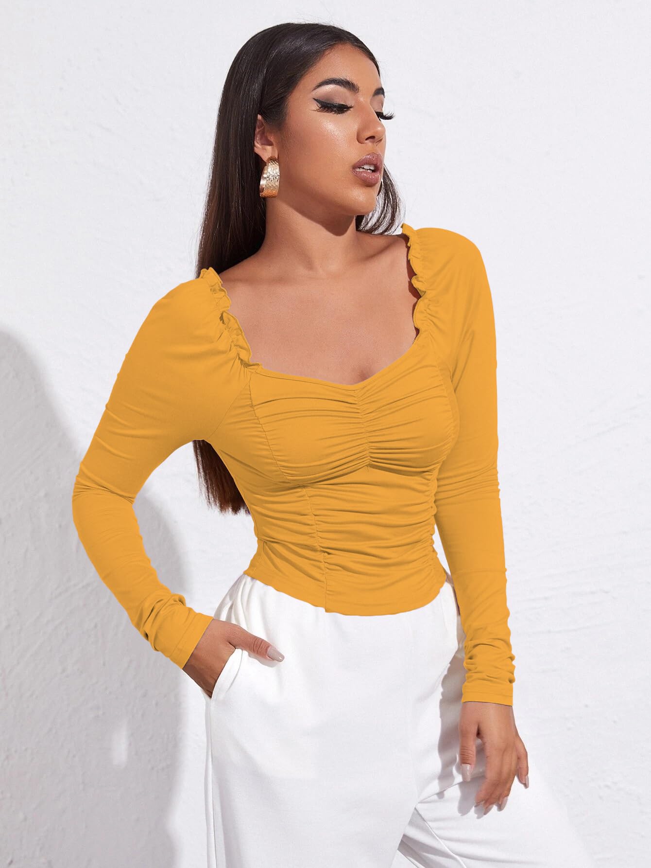 AVANOVA Damski i dziewczęcy długi rękaw Sweat Hear Neck obszycie falbankami Crop Top dla kobiet i dziewcząt (TOP 71)