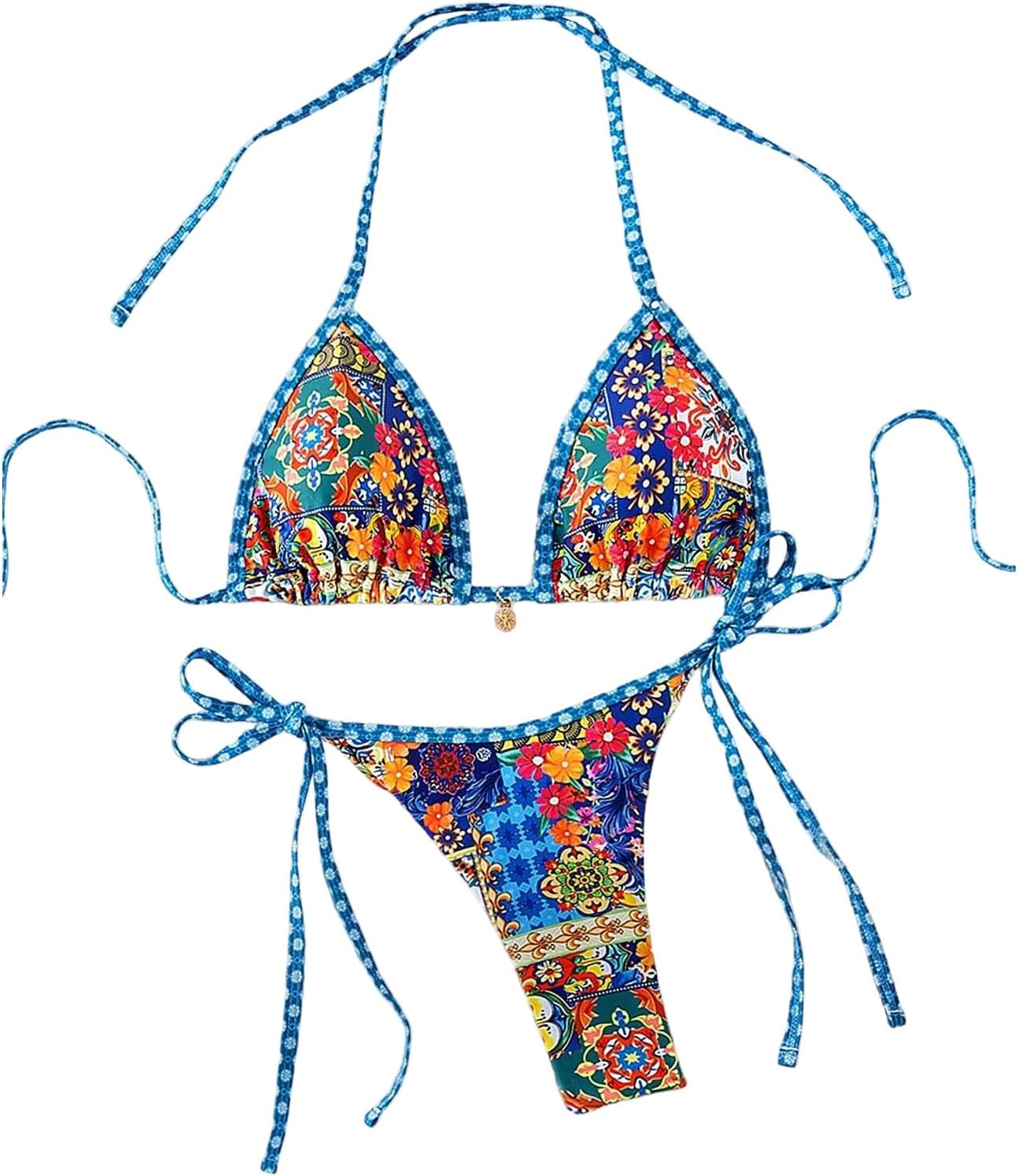 GORGLITTER Women's Vintage Floral Halter 2 Piece Swimsuit Triangle String Tie Thong Bikini Sets