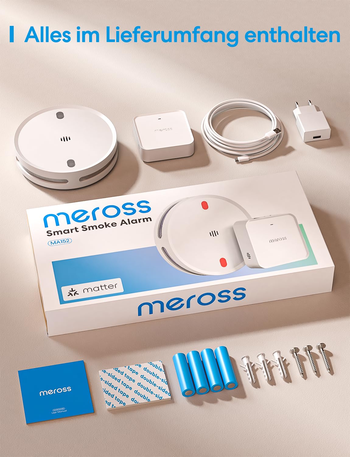 Meross Matter Smart Rauchmelder mit MSH450 Hub, EN14604-konform | WLAN vernetzbare Funkrauchmelder, Feuermelder mit 10 Jahre Lebensdauer, App-Steuerung, Apple Home, Home Assistant, 1er-Set
