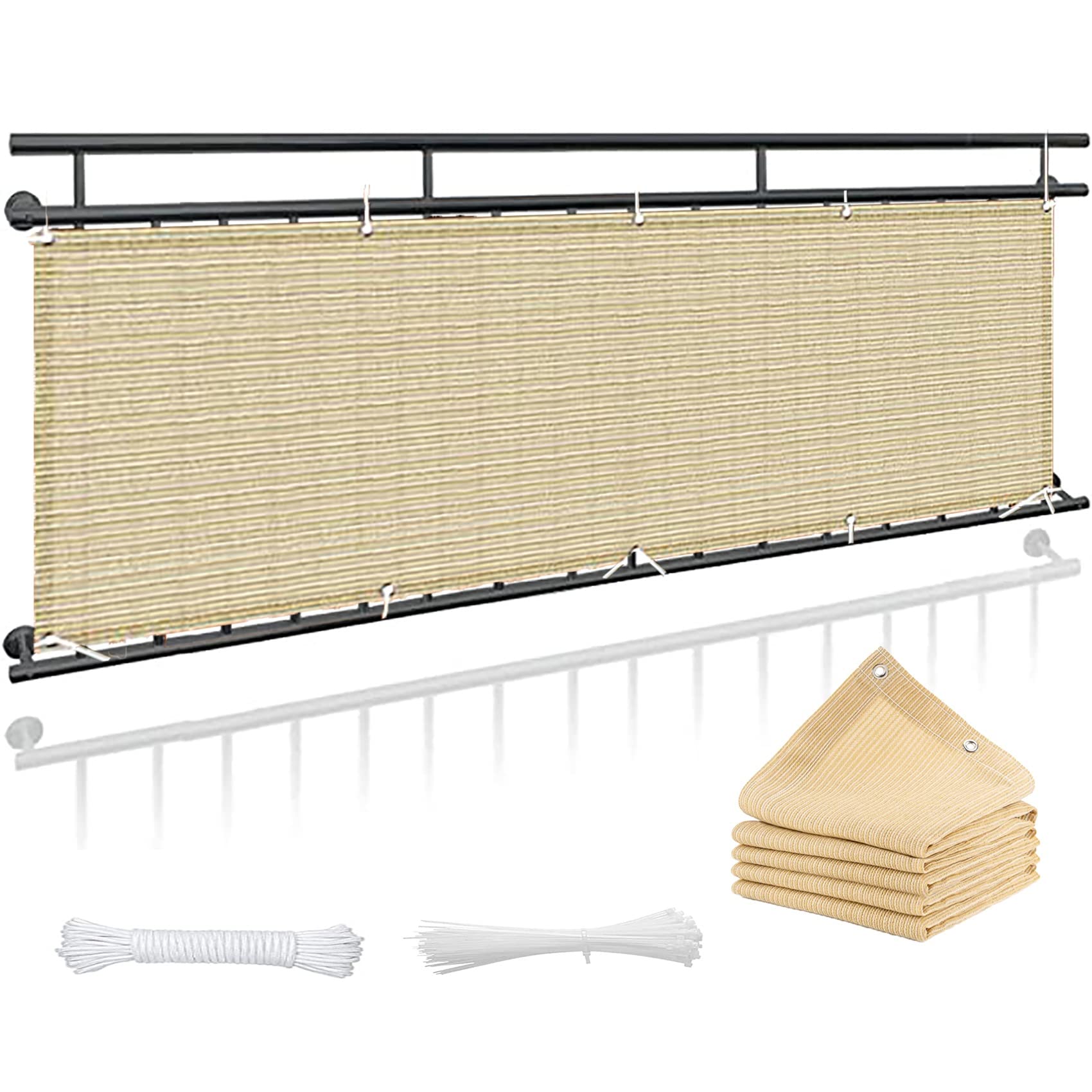 Balkon kremowy, 50 x 200 cm, ochrona przed wiatrem i kurzem, z przelotkami i sznurkiem, do balustrad ogrodowych, na zewnątrz, na balkon