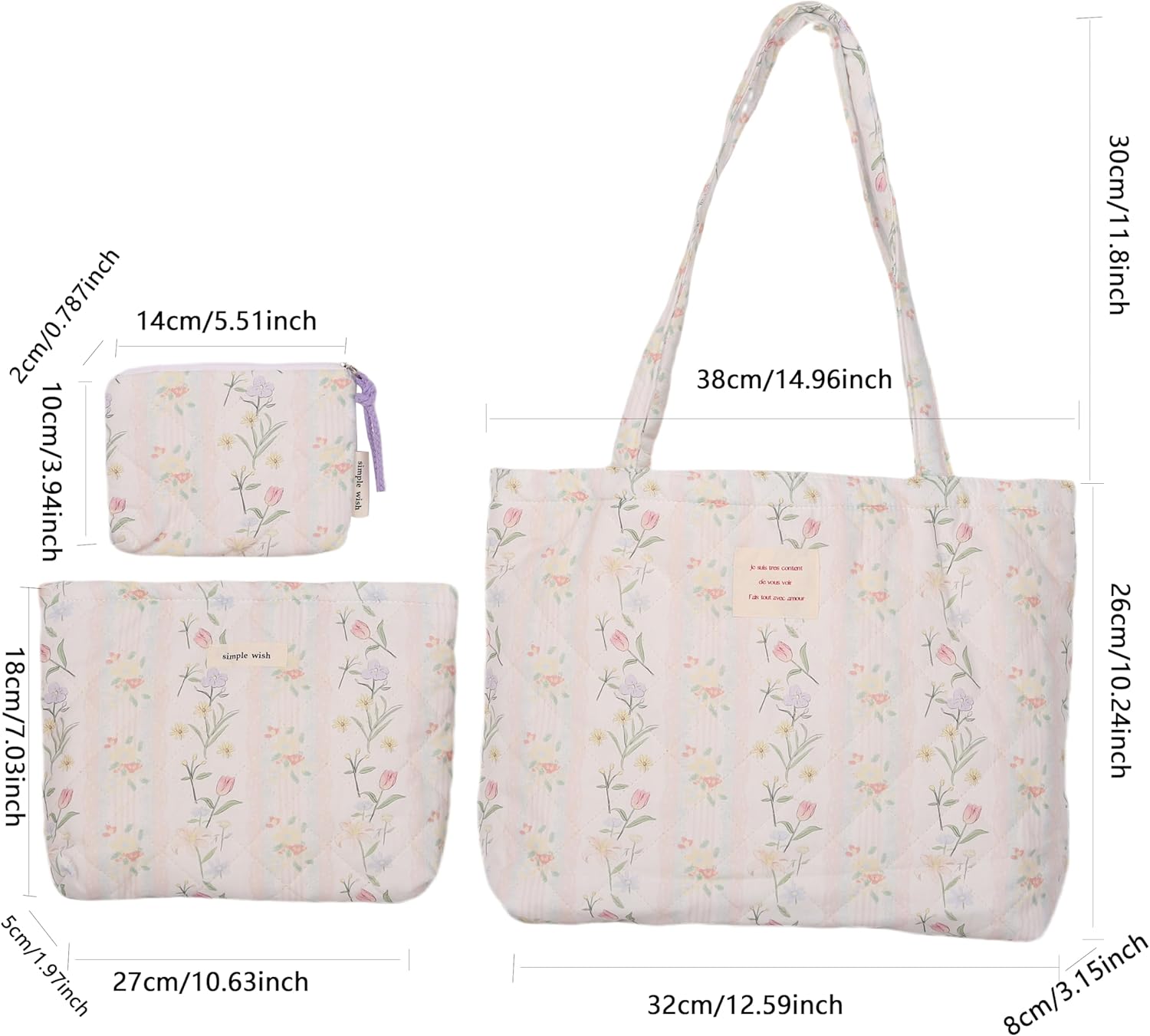 Floral Quilted Cotton Shoulder Bag Set 3-in-1 Handbag with Matching Mini Pouch Cosmetic Bag Large Capacity Tote A053