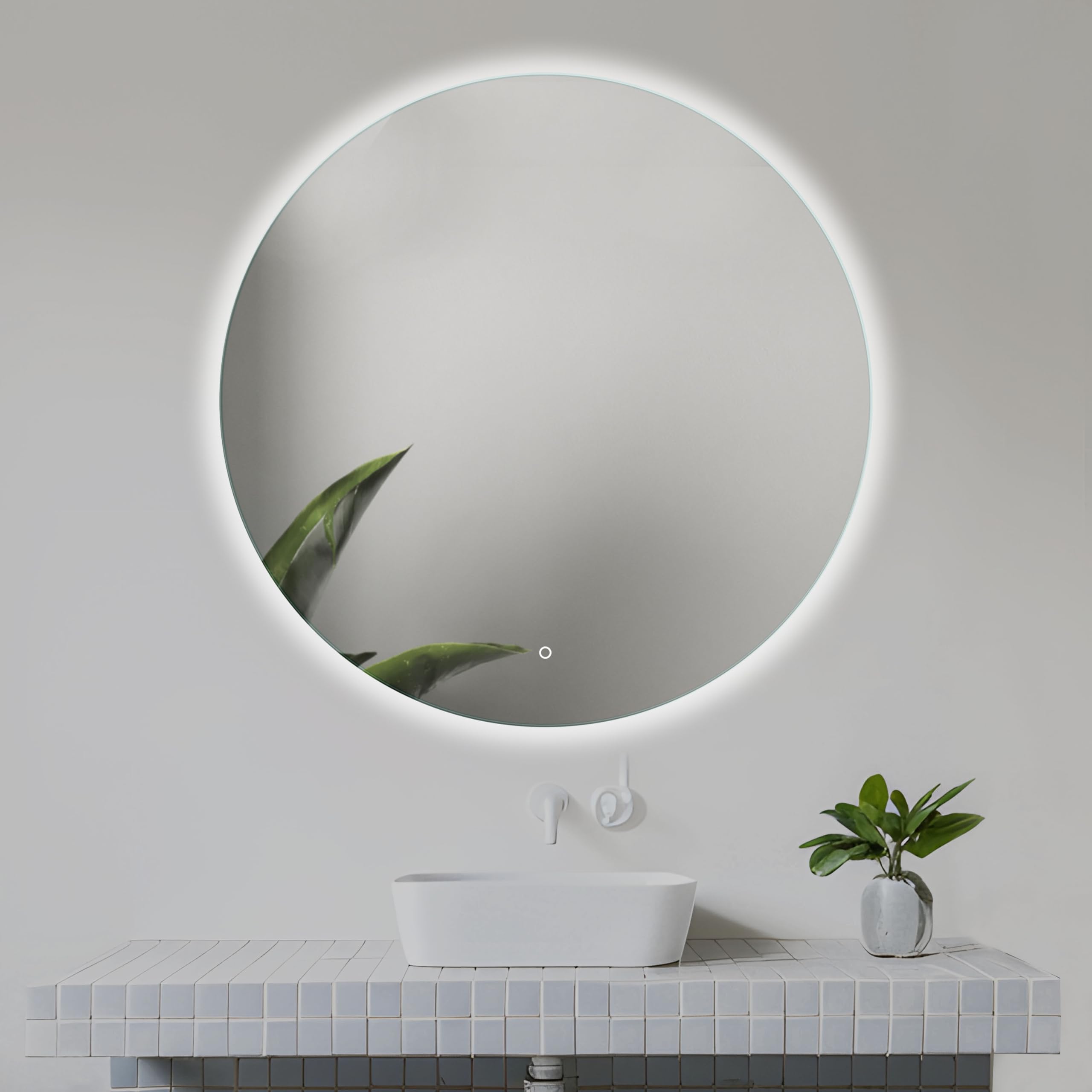 Home Glow White/Light Venti 80Cm Round Bathroom Mirror With Led Lights, Round Led Bathroom Mirror With Touch Switch, Circular Mirror With Natural Backlit Led