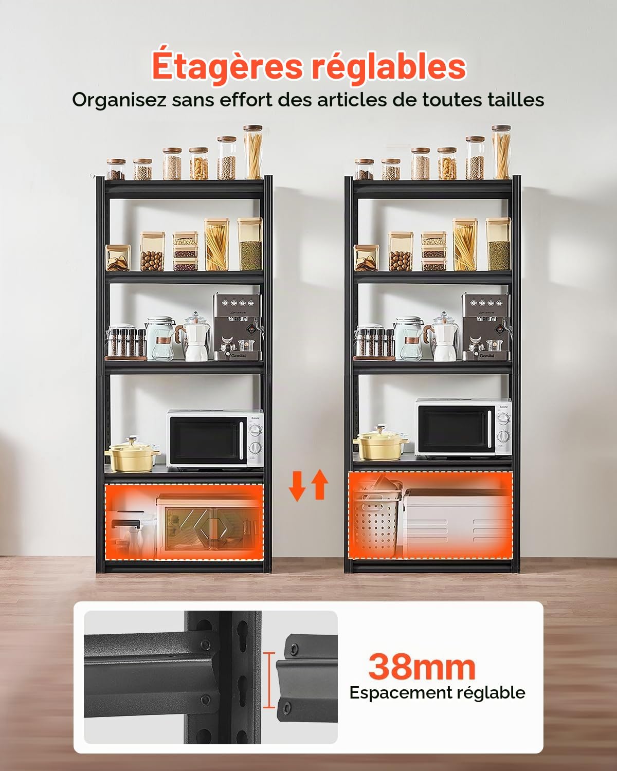 VEVOR Étagère de Rangement, 907 kg, Étagère de Garage Métallique Robuste Réglable, 5 Niveaux, 457,2 x 812,8 x 1828,8 mm, Meuble Rayonnage de Stockage, pour Cuisine, Atelier, sous-Sol, Entrepôt, Noir