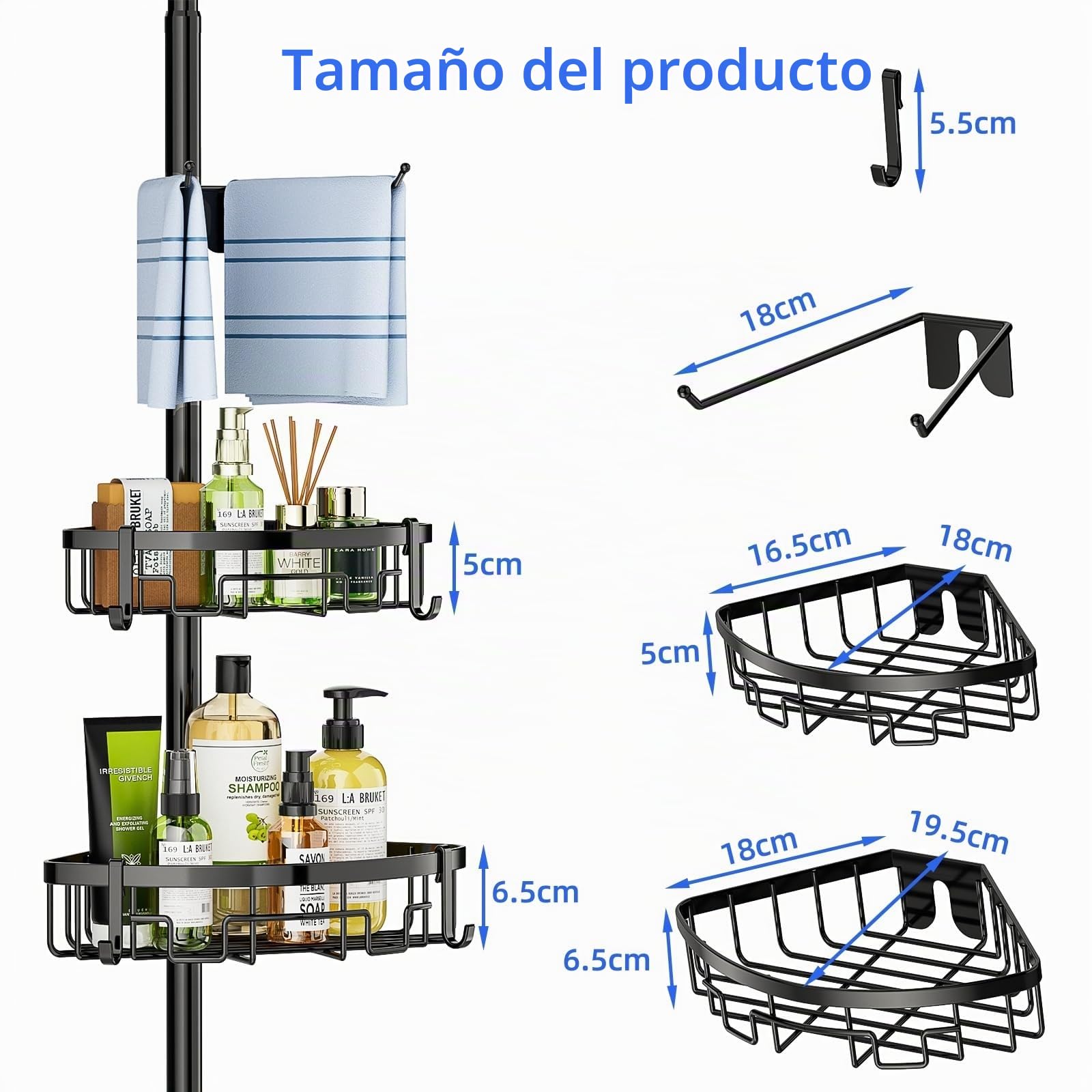 Bomclap Estantería telescópica para ducha de metal con 4 cestas y 1 toallero, estante de ducha sin taladrar para baño y bañera, altura regulable 157-292 cm, color negro