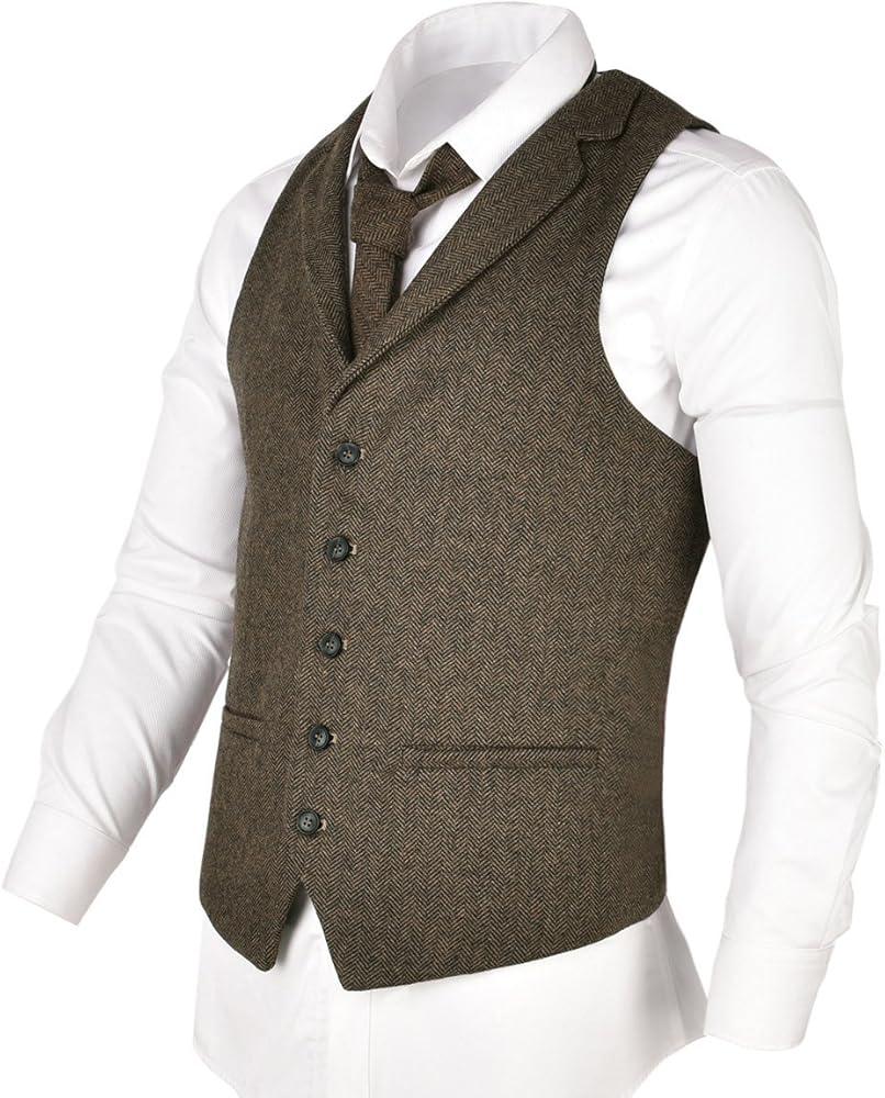 Ameri　HERRINGBONE LONG JACKET VEST VOBOOM Mens Herringbone Tailored Collar Waistcoat Fullback