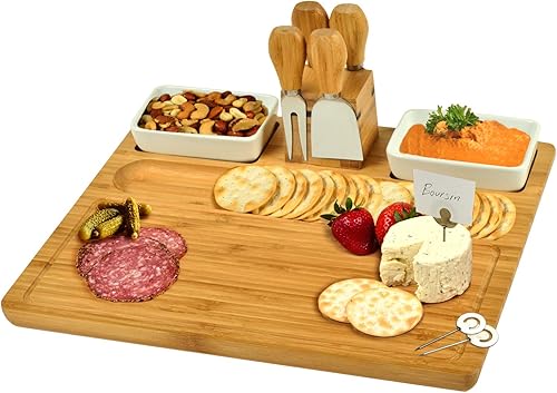 Picnic at Ascot Tabla grande de queso de bambúCharcutería con 4 herramientas de acero inoxidable, 2 bandejas de cerámica y marcadores de queso, 16 x