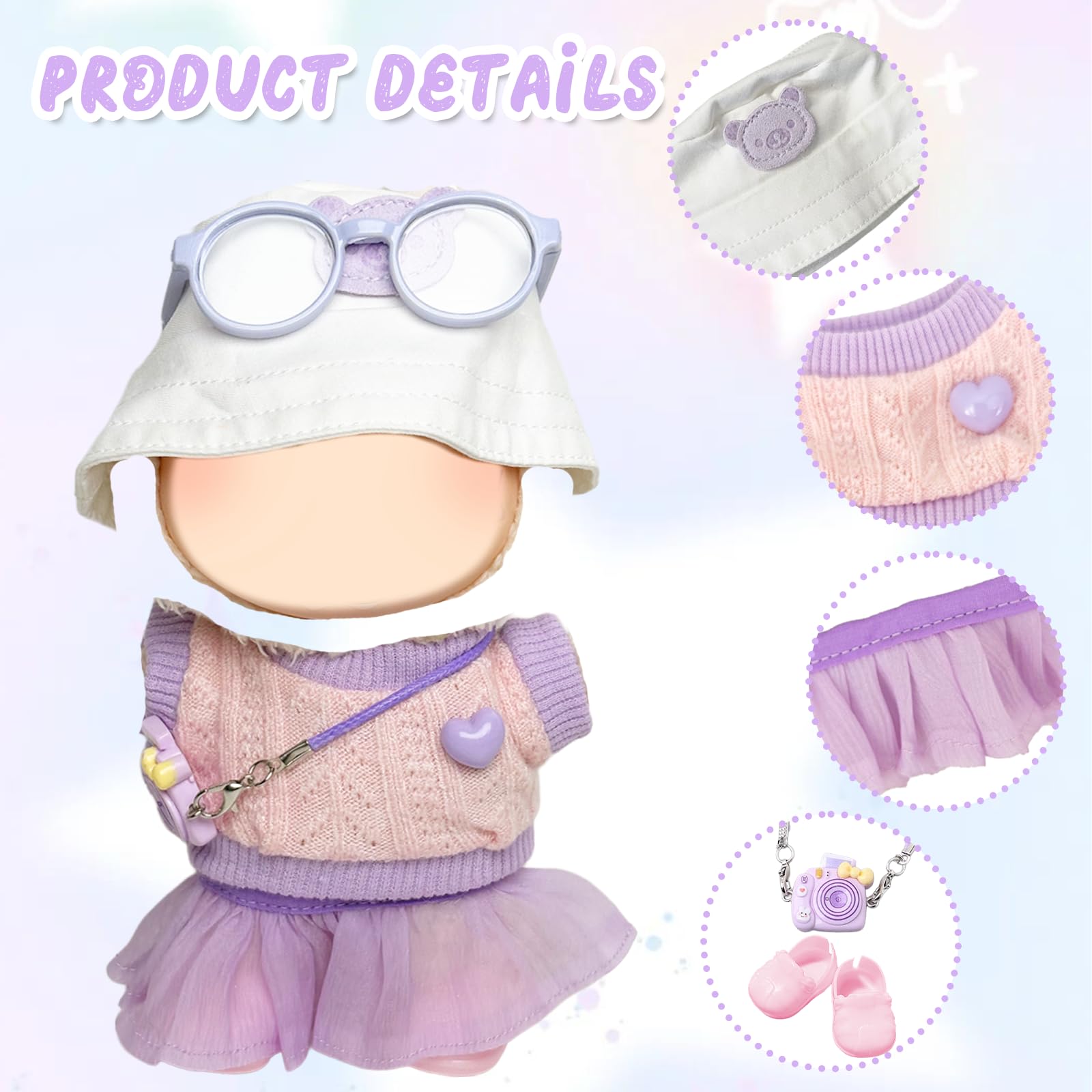 6 Piezas de Ropa para muñecas de 17 cm, Camiseta con tutú de corazón, Sombrero, Gafas, Colgante de cámara, 1 par de Zapatos para la Mini muñeca de Peluche de 17 cm, no incluida en el envío, Lila