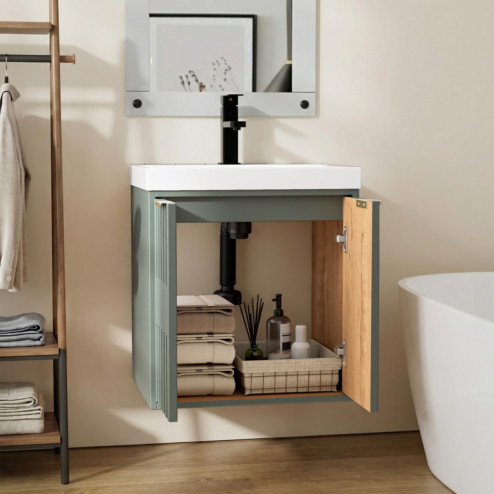 UEV Meuble de Salle de Bain Suspendu avec Vasque - Armoire sous-Lavabo 2 Portes Finition Bois - Gain de Place & Entretien Facile, Idéal pour Petites Salles de Bain et WC 50 x 38 x 55 cm, Vert