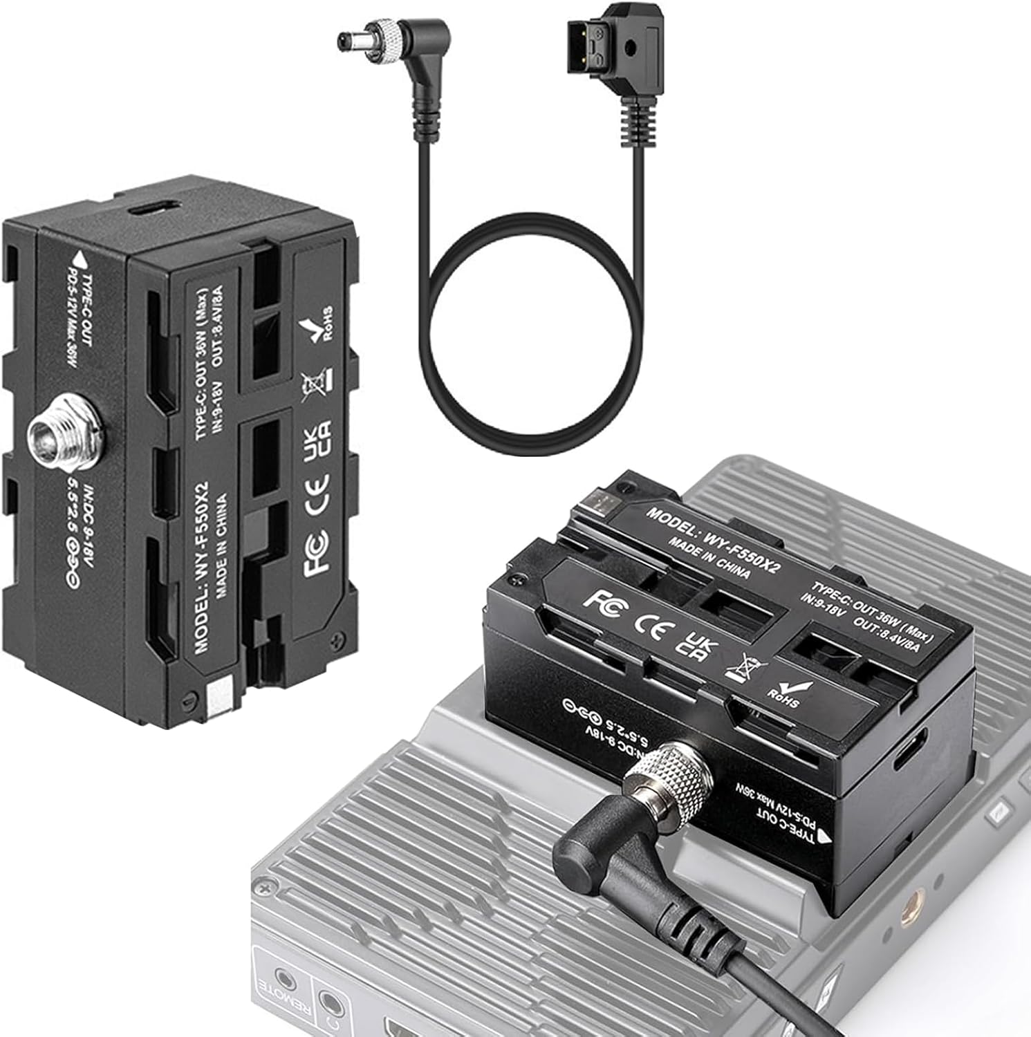 D-Tap to NP-F570 Dummy Battery,Double-Sided NPF 550/770/970 Battery Coiled Cable with Type-C Port Power 3 Devices Compatible with LED Light, Feelworld,Atomos Ninja/Shinobi Monitor/Transmitter etc